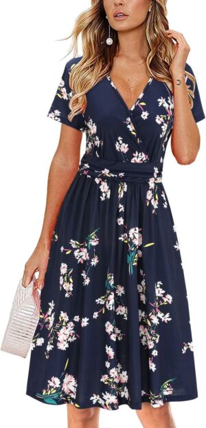 Newshows Womens Summer Short Sleeve Casual Dresses V Neck Floral Vacation Sundress Faux Wrap Midi Dress with Pockets