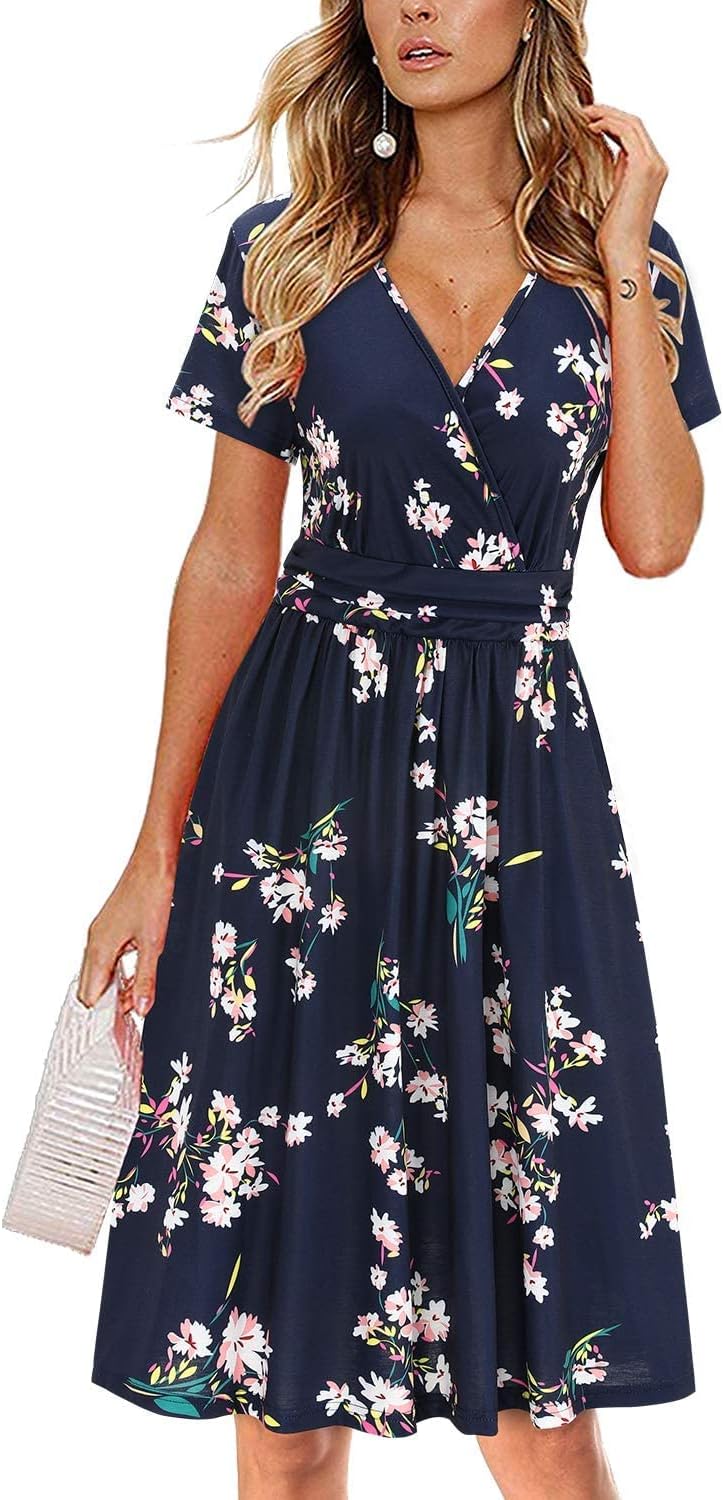 Newshows Womens Summer Short Sleeve Casual Dresses V Neck Floral Vacation Sundress Faux Wrap Midi Dress with Pockets