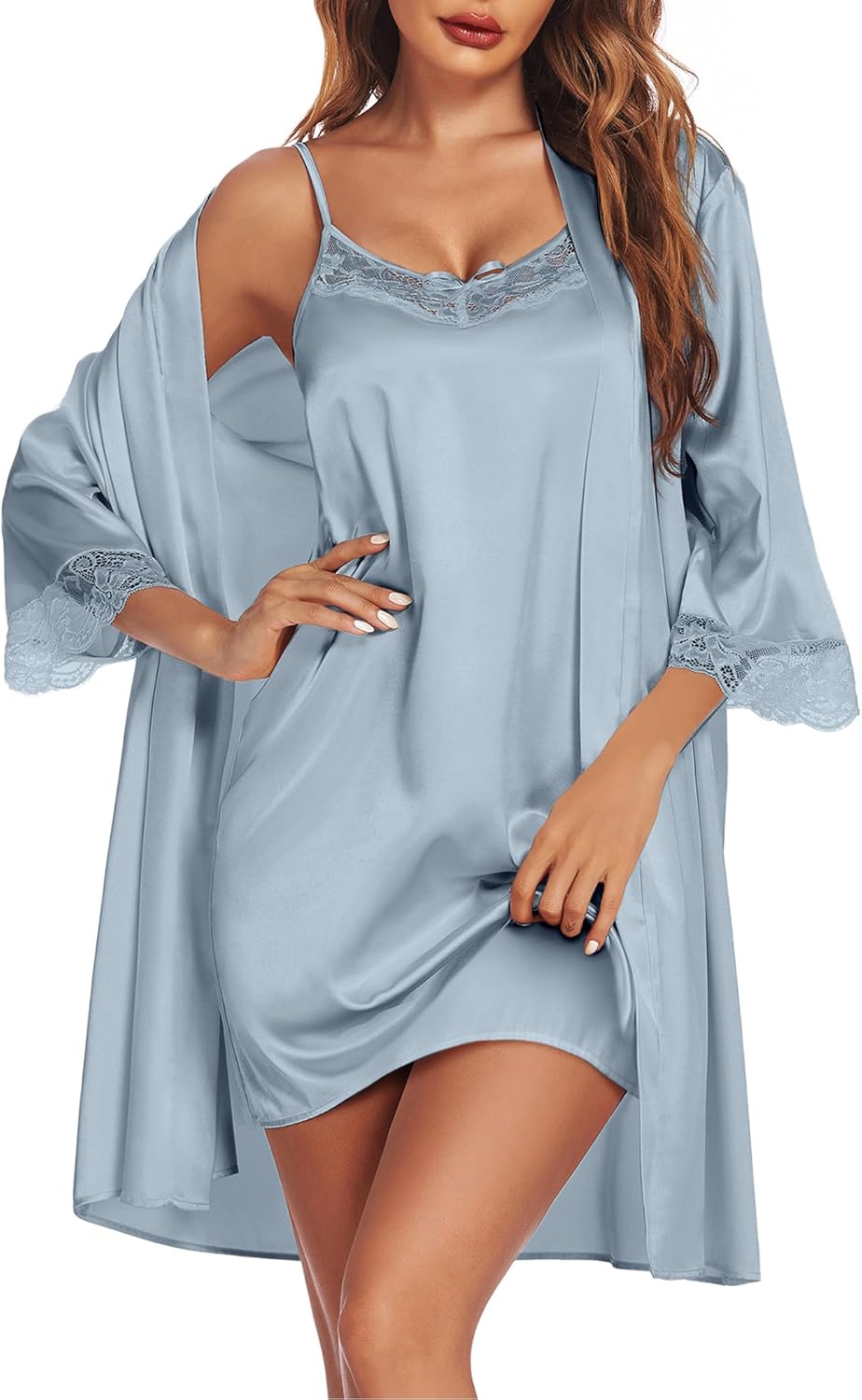 Ekouaer Sleepwear Women's Satin Nightgown with Robes Set 2 Piece Sexy Lace Cami Nightwear
