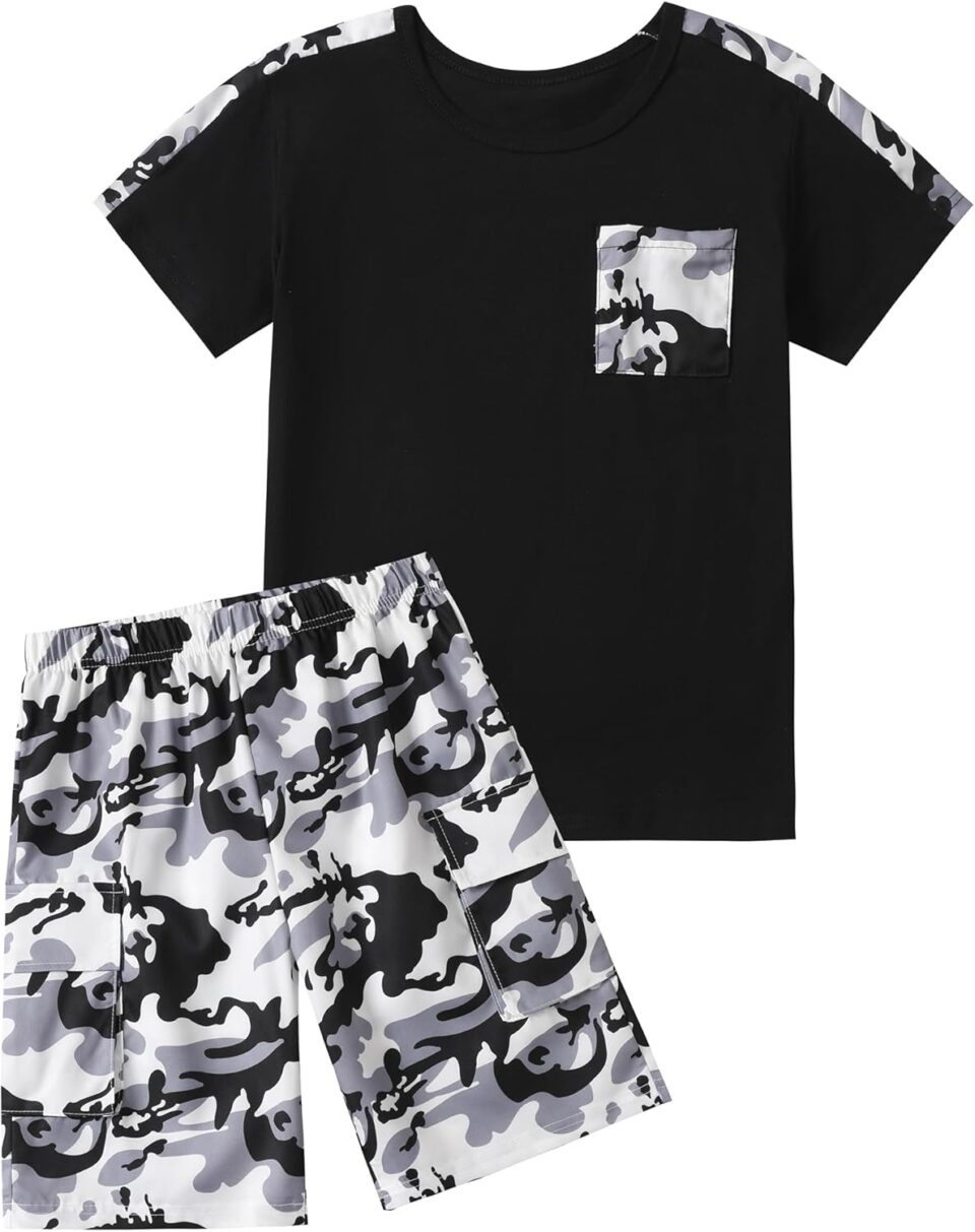 Boys clothes camouflage stitching short-sleeved T-shirt camouflage shorts teen boys summer outfits