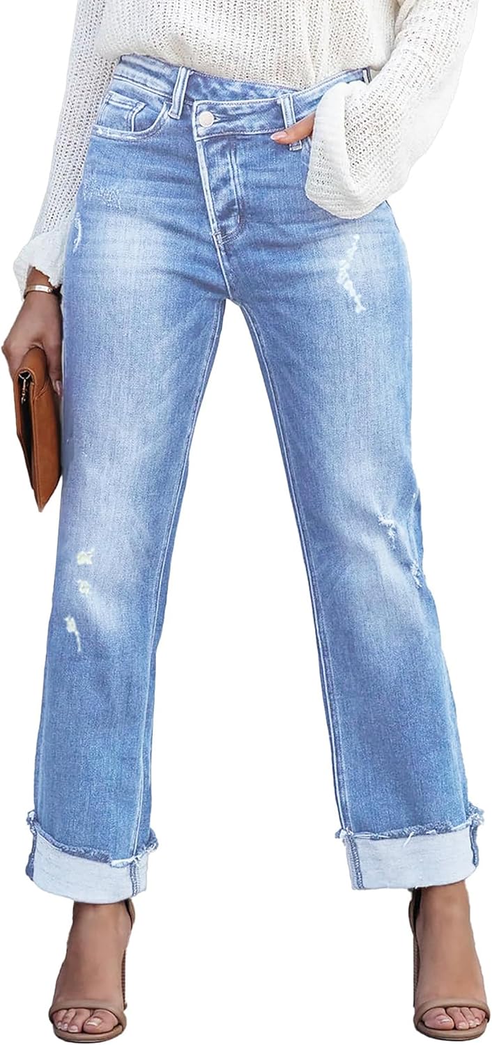 Womens Cargo Denim Jeans High Waisted Stretchy Flap Pocket Straight Leg Pants