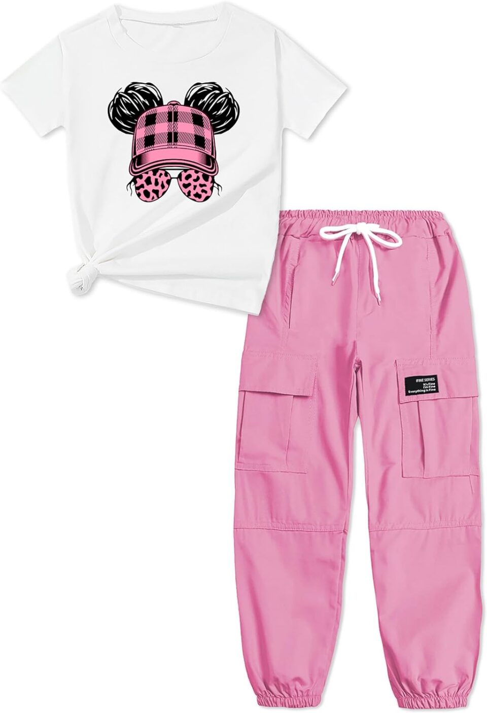 ARTMINE Girls' 2 Piece Outfits Casual Drawstring Jogger Pants and Basic Short Sleeve Top Set, 6-14 Years