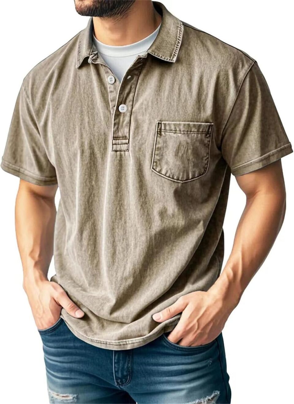 Men's Casual Polo Shirts Classic Button Basic Short Sleeve Shirt Solid Color Retro Tees Golf Stylish Tops