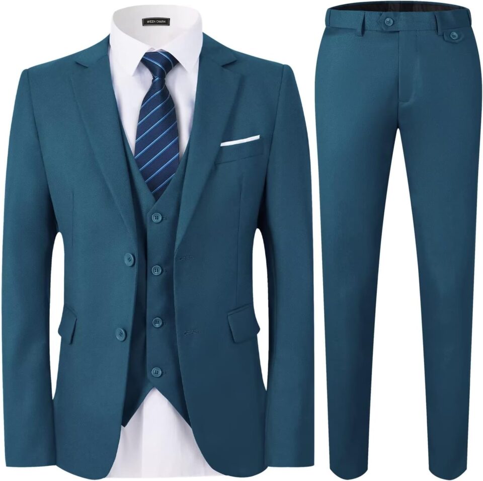 WEEN CHARM Men's 3-Piece Slim Fit Suit Set-2-Button Blazer,Vest & Pants-Formal Wedding,Prom,Party & Business Tuxedo