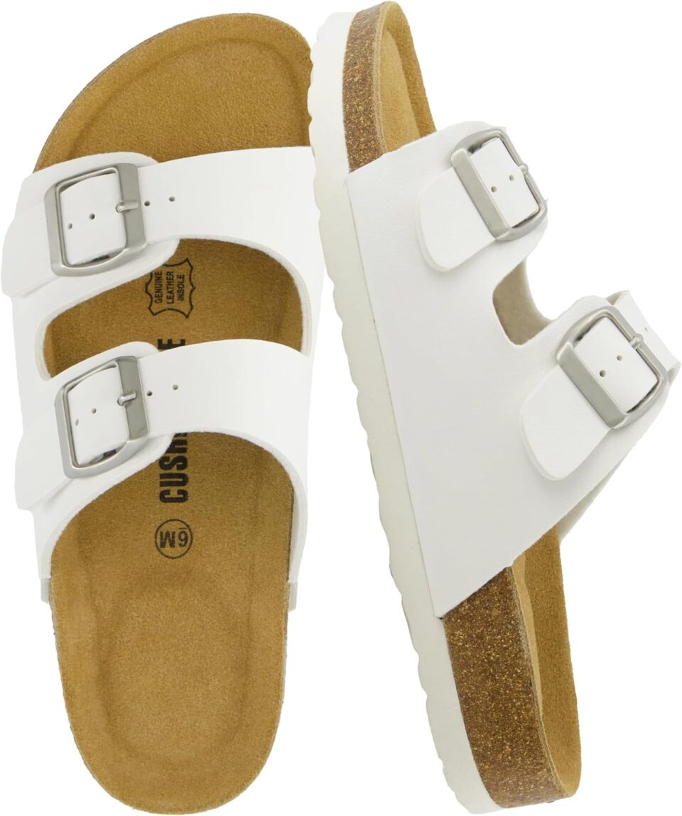CUSHIONAIRE Lane Cork Footbed Sandals for Women – Comfortable Double Buckle Slip-On with Genuine Suede Footbed & Arch Support Slides for Women Footwear