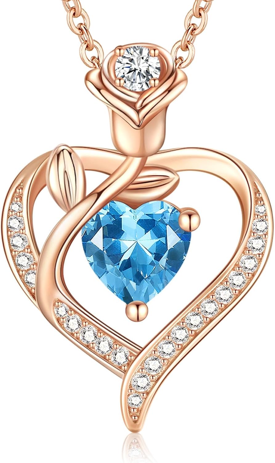 Rose Heart Birthstone Necklace for Women Rose Gold Sterling Silver Gemstone Heart Necklace