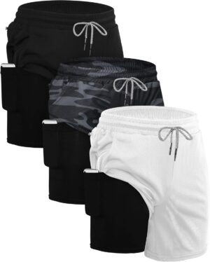Sureio 3 Pcs Men's 2 in 1 Running Shorts 7 Inch Quick Dry Athletic Workout Shorts with Liner Phone Pockets Towel Loop