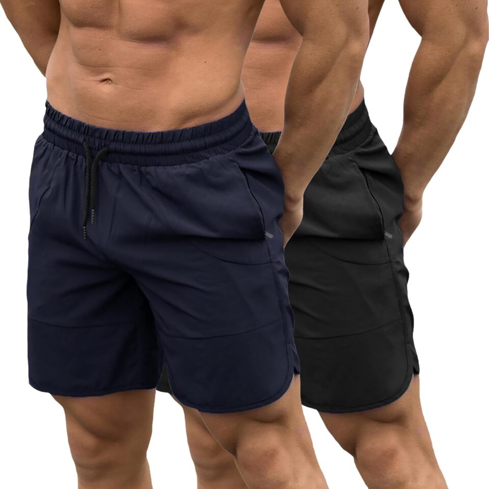 TEZO Mens 2 Pack Gym Athletic Running Workout Shorts 7" Drawstring Elastic Waist Quick Dry Shorts with Zipper Pockets Casual