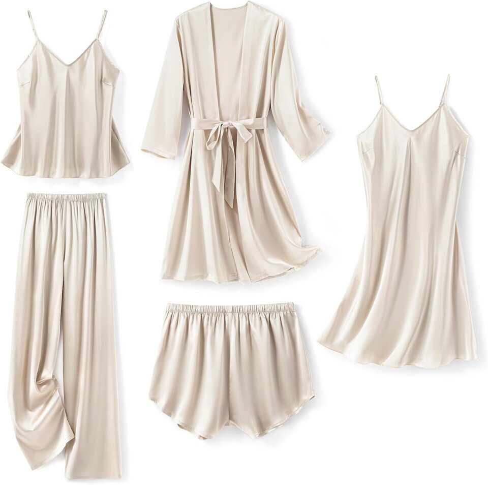 SAPJON Silk Pajamas for Women 5Pcs Sleepwear Loungewear Satin Robe Cami Shorts Pj Set