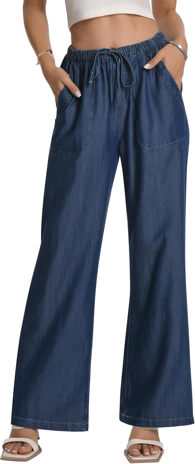 Women's High Waisted Wide Leg Jeans Drawstring Pull on Jeans for Womens Trendy Flowy Lightweight Pants