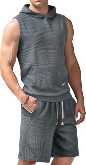 Derminpro Men's 2 Piece Outfits Summer Hooded Sleeveless Vest and Drawstring Casual Track Shorts Set