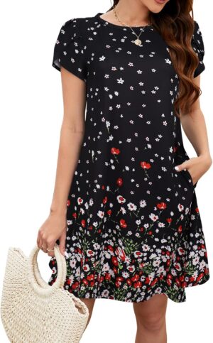 Bluetime Summer Dresses for Women 2025 Beach Boho Sundress Short Sleeve Pockets Loose Casual Tshirt Dress
