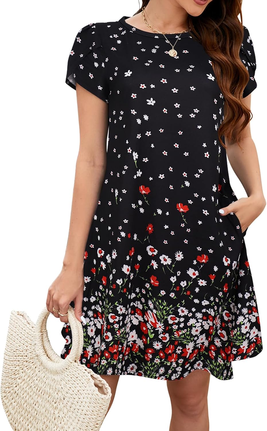 Bluetime Summer Dresses for Women 2025 Beach Boho Sundress Short Sleeve Pockets Loose Casual Tshirt Dress