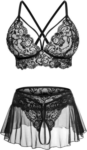 Sexy Lingerie for Women Naughty 3 Piece Lace Bralette, Mini Skirt with G-String Crotchless Lingerie Outfits