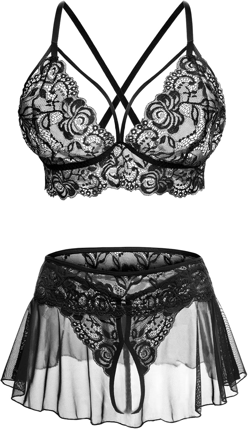 Sexy Lingerie for Women Naughty 3 Piece Lace Bralette, Mini Skirt with G-String Crotchless Lingerie Outfits