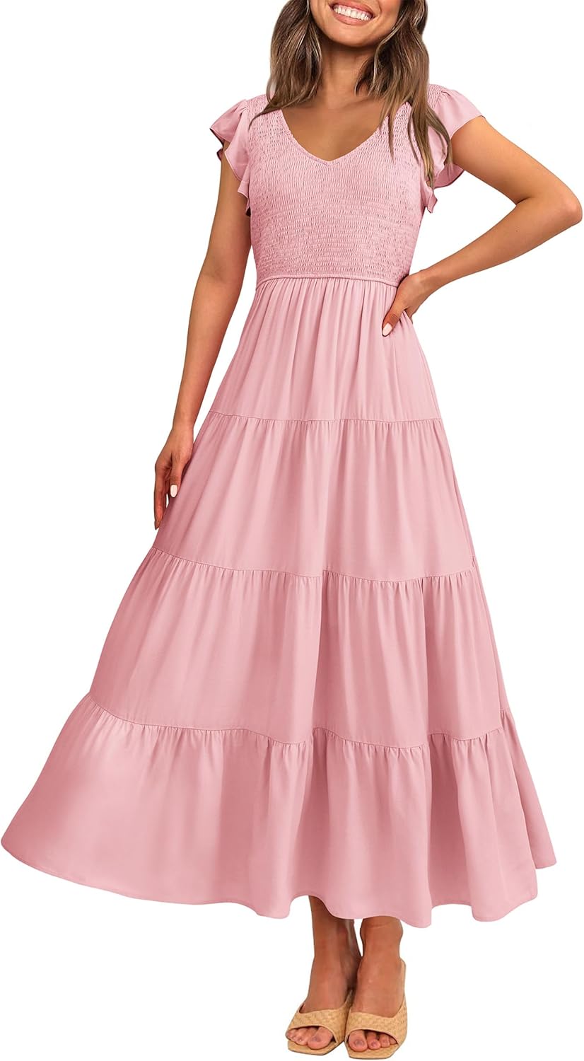 PRETTYGARDEN Women's Summer Flowy Maxi Dress Casual Cap Sleeve V Neck Smocked Beach Sundress