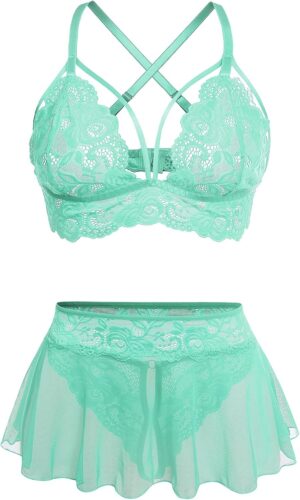 Sexy Lingerie for Women Naughty 3 Piece Bralette, Mini Skirt with G-String Crotchless Lingerie Set