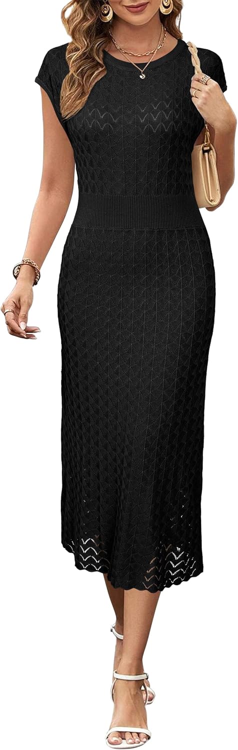 Newshows Women Summer 2025 Teacher Outfits Work Midi Boat Neck Cap Sleeve Hollow Knit Modest Business Casual Dress