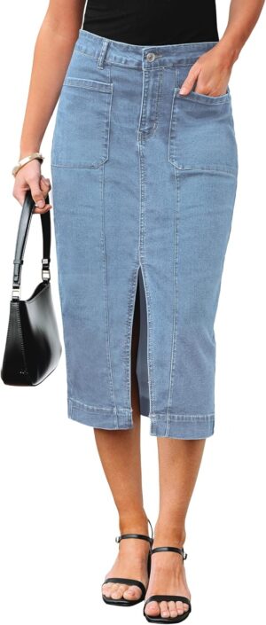 luvamia Jean Skirts for Women Denim Trendy Casual Stretchy High Waisted Midi Front Pockets Below Knee Skirt with Slit