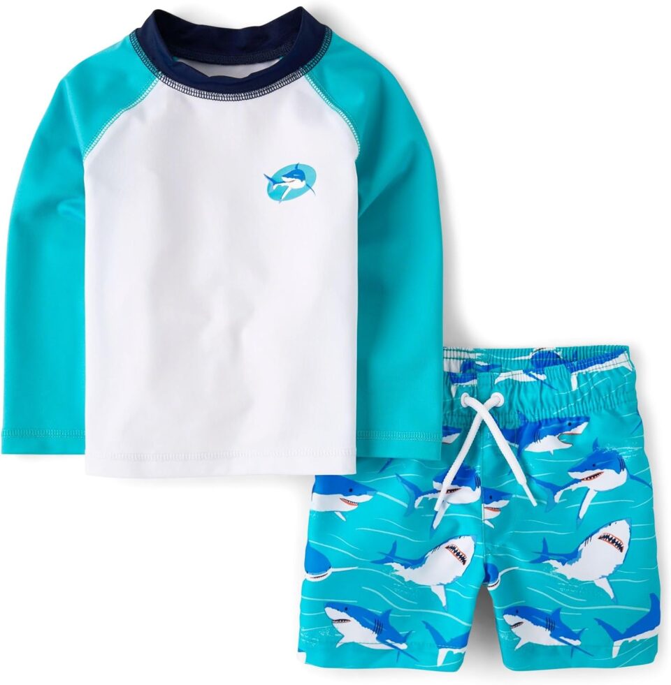 The Children's Place Boys' and Toddler Long Sleeve Rashguard and Swim Trunk 2 Piece Set