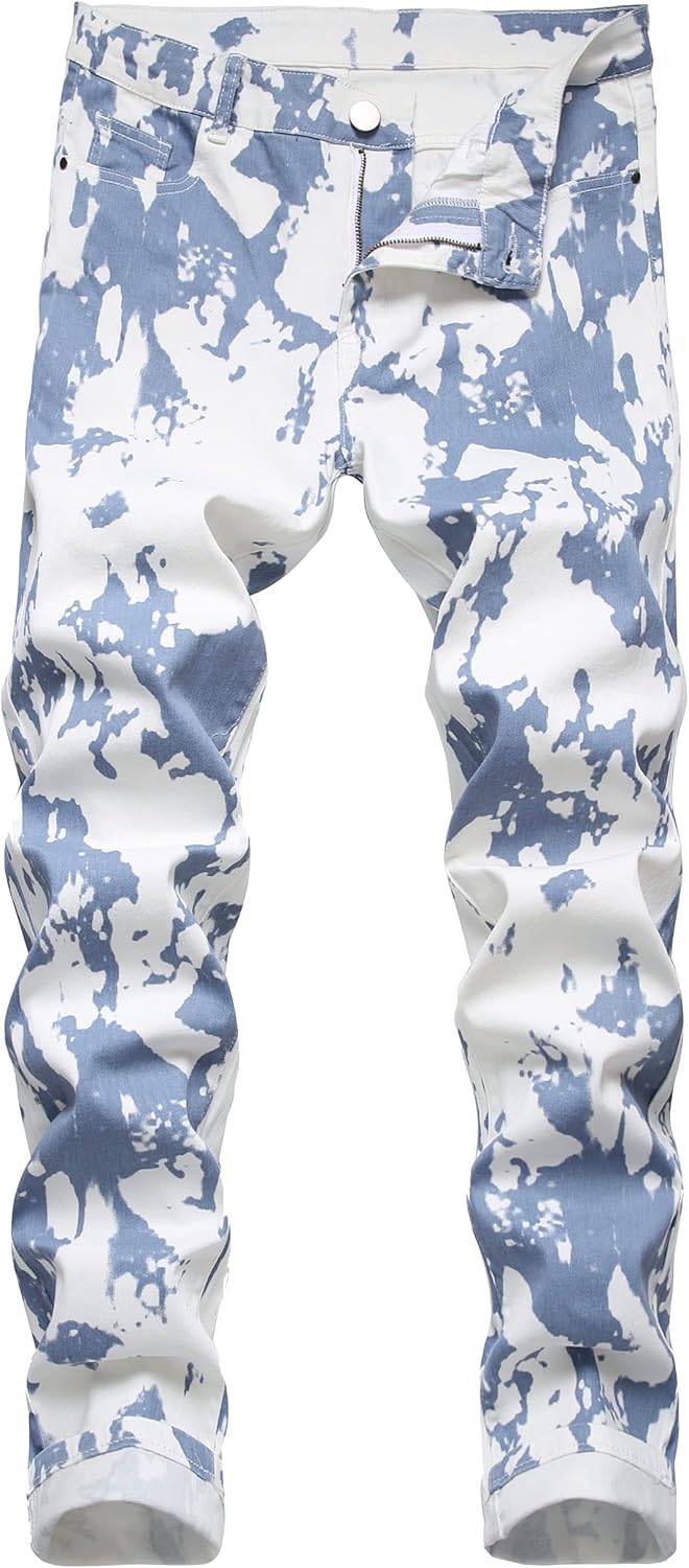 Men's Skinny Stretch Jeans Fashion Printed Slim Fit Jeans Comfort Flex Waist Casual Pants