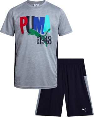 PUMA Boys Active Shorts Set - 2 Piece Dry Fit T-Shirt and Performance Gym Shorts - Activewear Clothing Set for Boys (4-16)
