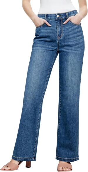 Sidefeel Women's Wide Leg Jeans High Waisted Tummy Control Stretchy Straight Leg Elastic Waist Trendy Denim Pants
