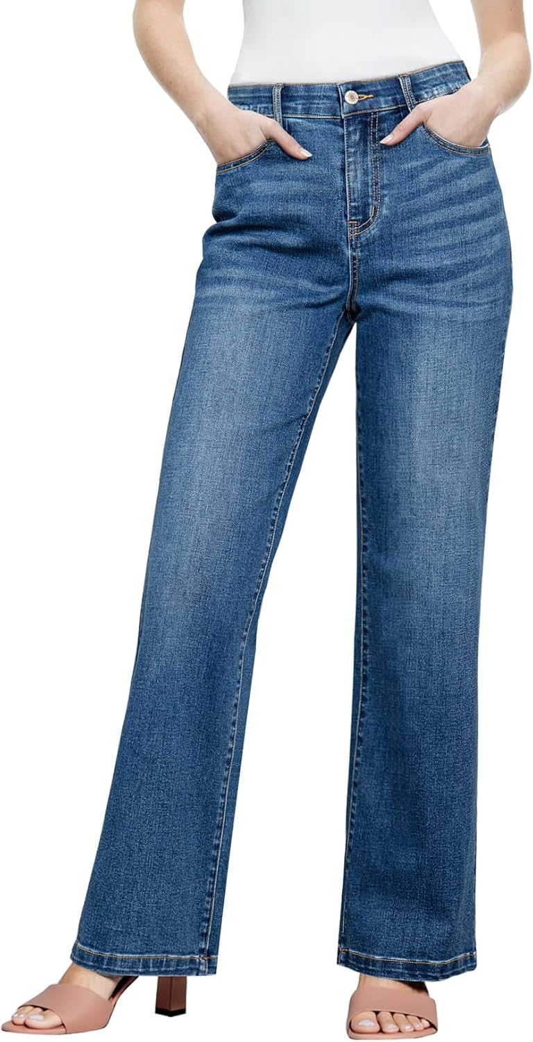 Sidefeel Women's Wide Leg Jeans High Waisted Tummy Control Stretchy Straight Leg Elastic Waist Trendy Denim Pants