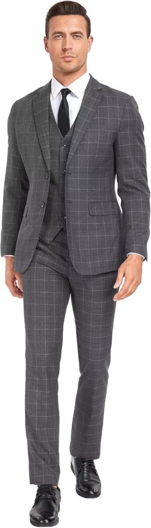 Men's Suit Set,3 Pieces Plaid Suit for Men Slim Fit Formal Bussiness Wedding Suit Prom Tuxedos Suit Blazer Vest Pant