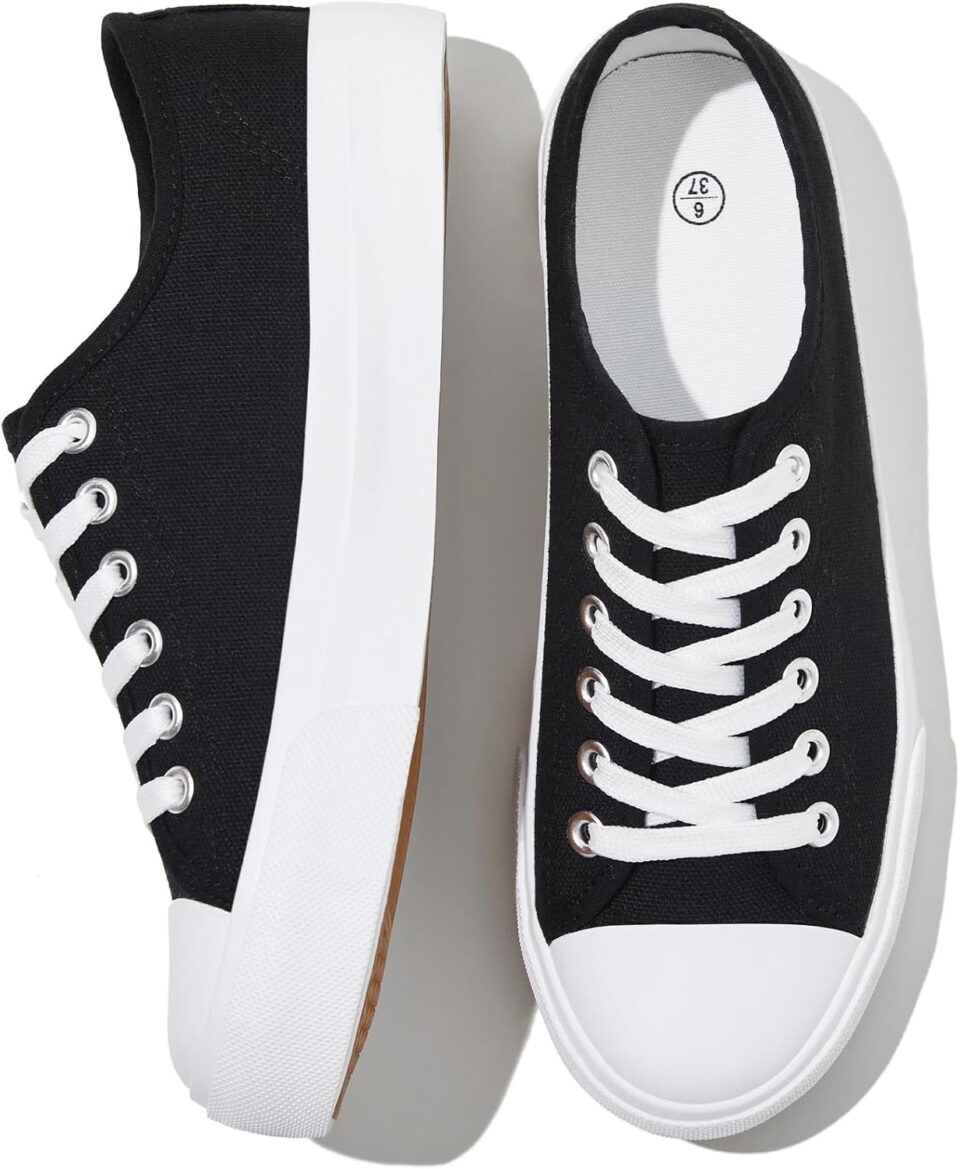 Uoidru White Tennis Canvas Shoes for Women Black Canvas Sneakers Womens Fashion Sneakers Classic Lace Up Walking Shoes