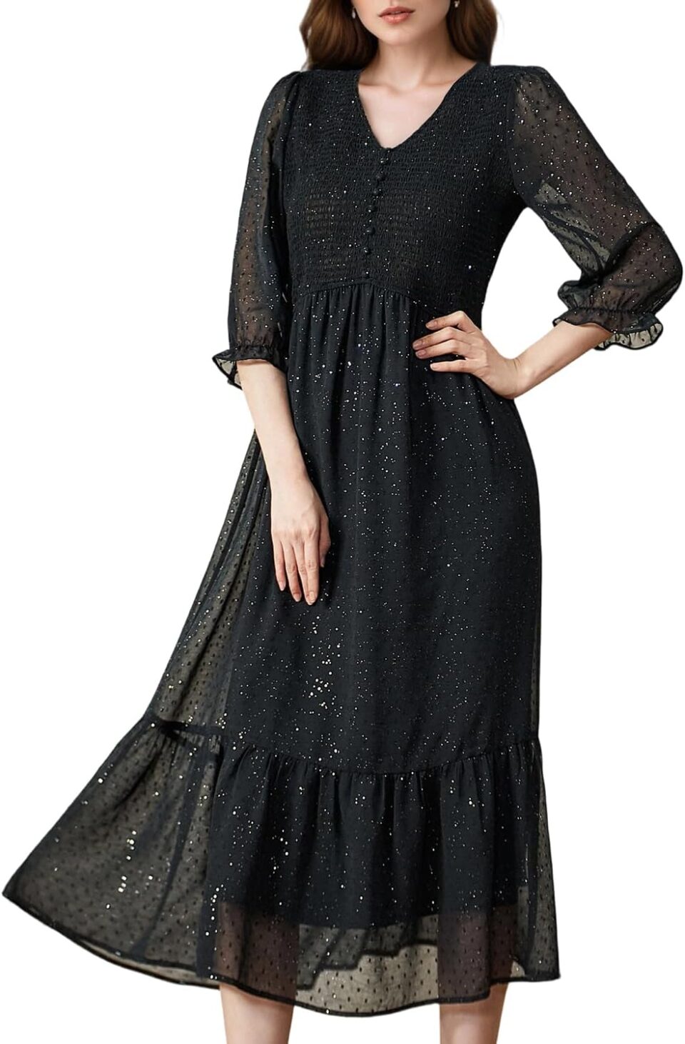Summer Dresses for Women 2025 Casual Loose Maxi A-line 3/4 Sleeve V Neck Dress with Sequin Embellishments