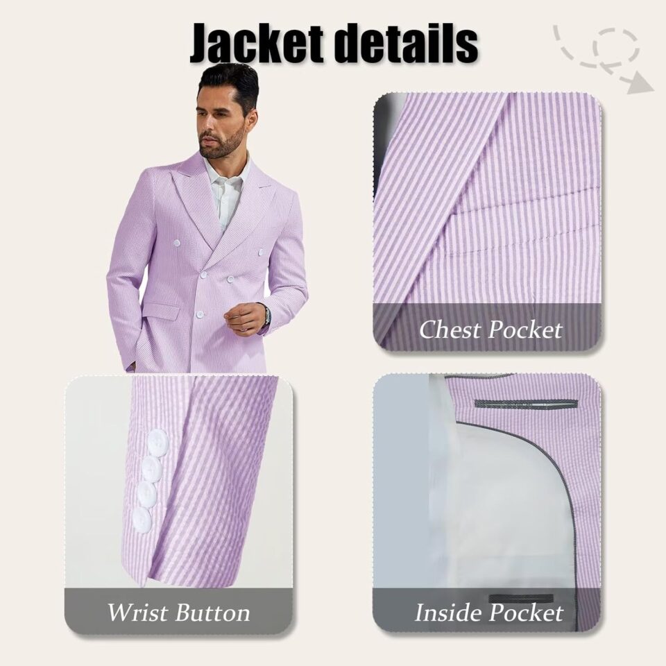 Mens Suit Summer Seersucker 2 Piece Double Breasted Buckle Striped Tuxedos for Men Wedding Suits Beach Party