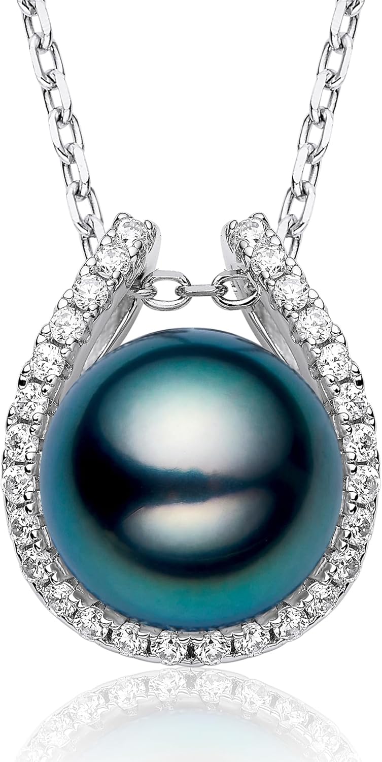 'Lucky Horseshoe' Top Grade Tahitian Black Pearl Necklace - 18K White Gold over Sterling - Adjustable 19" - Perfect Jewelry Gift for Women