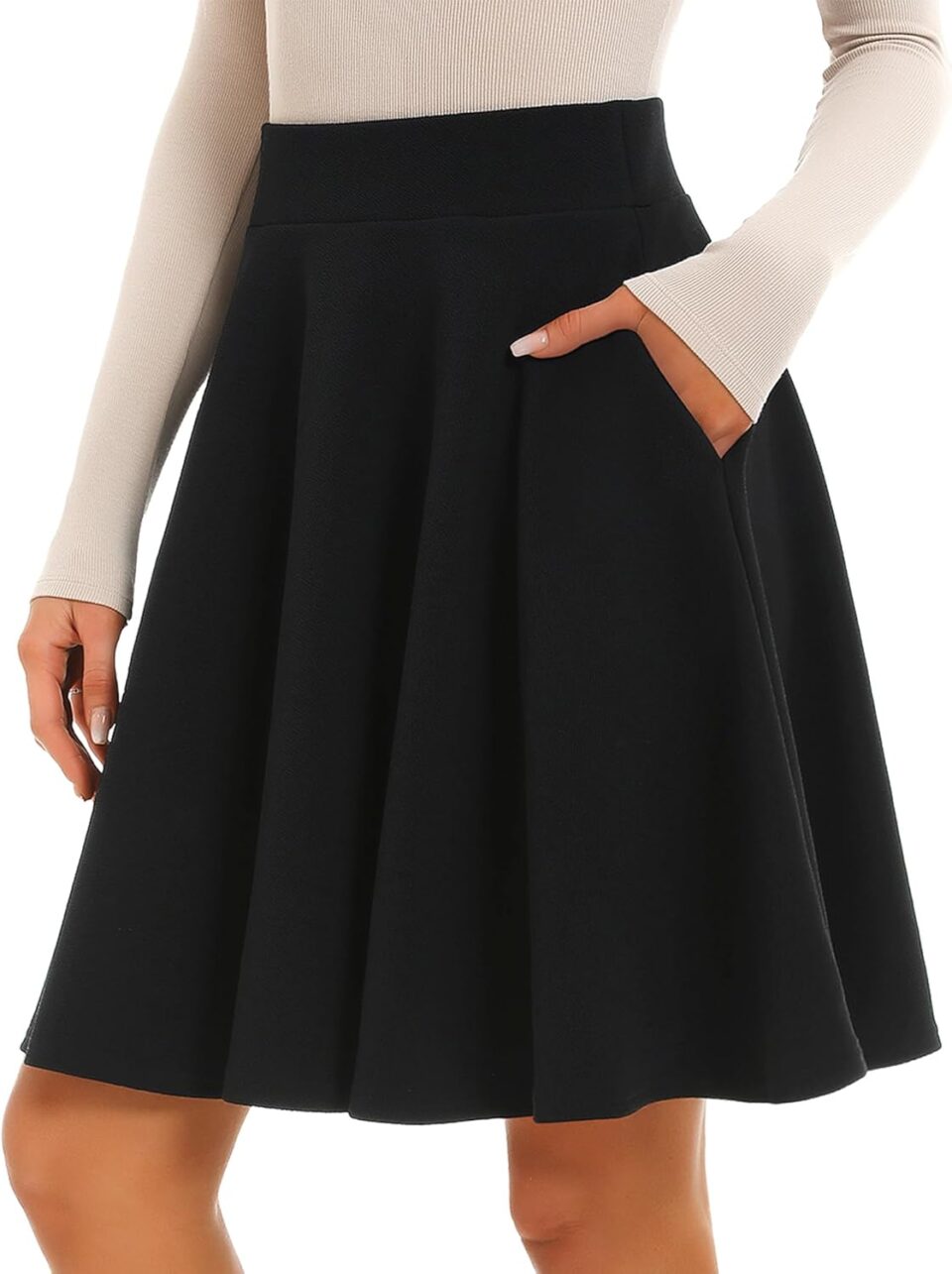 Stelle Women's 20" Knee Length Skirts with Pockets Casual Basic Midi Skirt Stretchy A-Line Skater Flared Pleated