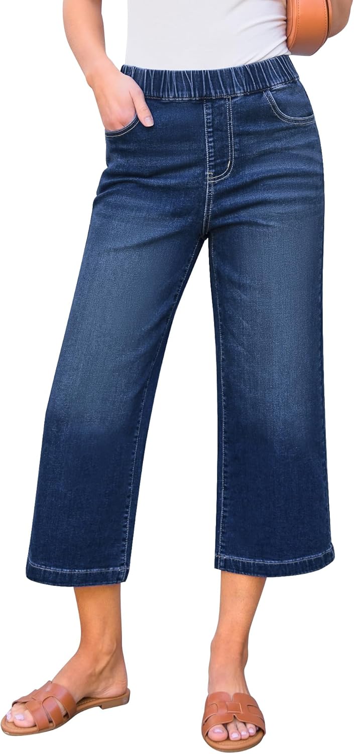 GRAPENT Capri Jeans for Women Wide Leg High Waisted Effortless Flow Pull On Stretchy Denim Elastic Waist Pants with Pockets