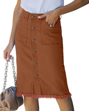 luvamia Women's Casual Mid Rise Button Down Frayed Raw Hem Denim Jean Midi Skirt