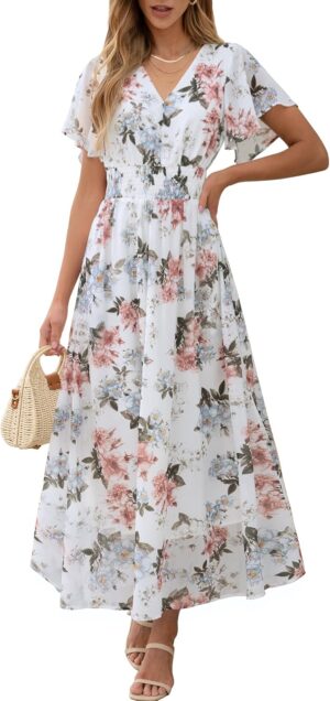 ANRABESS Womens Summer Floral Maxi Dress Casual V Neck Short Sleeve Chiffon Boho Flowy Beach 2025 Wedding Guest Long Dresses