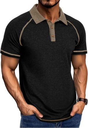 Men's Polo Shirts Short Sleeve Casual Vintage Collared Button Basic Golf Raglan Tee T-Shirts