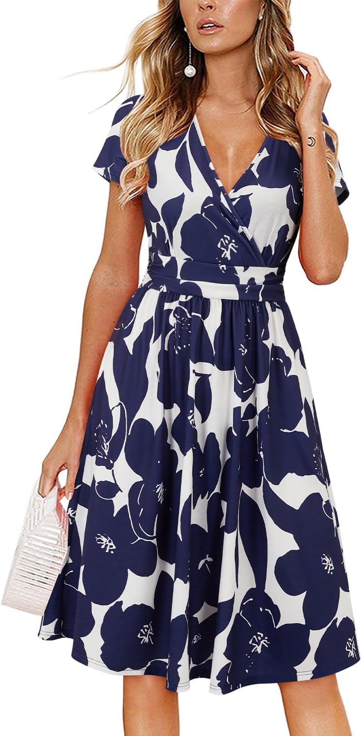 OUGES Women's Summer Short Sleeve V-Neck Floral Short Party Dress with Pockets