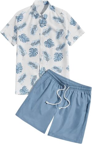 OYOANGLE Men's 2 Piece Outfits Boho Tropical Print Short Sleeve Shirt and Drawstring Waist Shorts Set Tracksuit