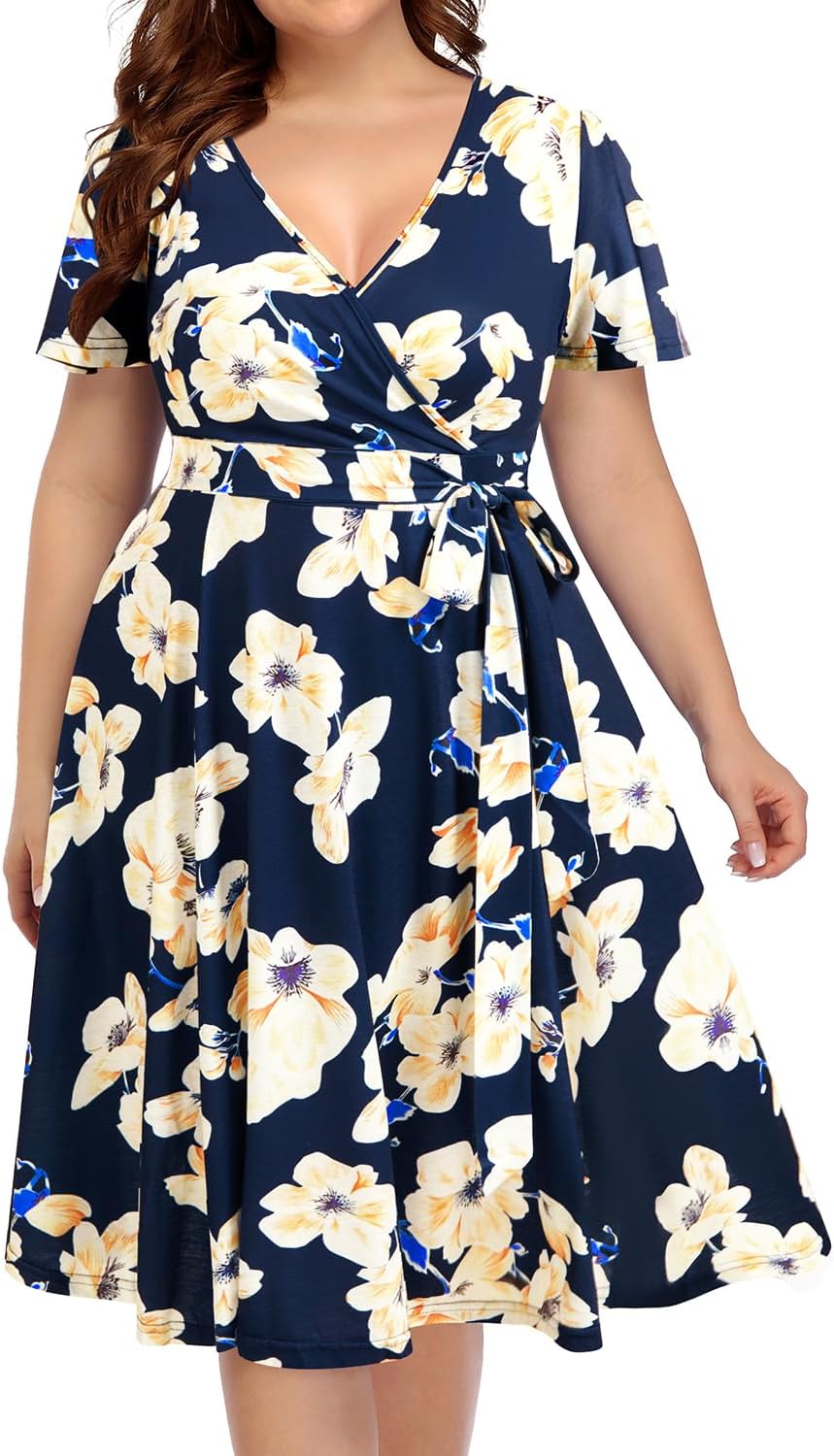 Pinup Fashion Women Plus Size Dresses Wedding Guest - Semi Formal Cocktail Wrap Empire Waist Midi Dress