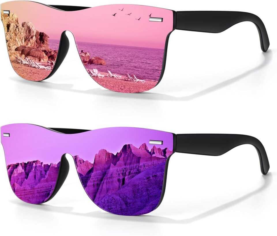 LINVO Trendy Polarized Mirrored Sunglasses Men Womens, Flat One Piece Reflective Shades for Driving Fishing UV400 Protection