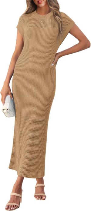 Yousify Womens Ribbed Knit Dress 2025 Trendy Casual Cap Sleeve Crewneck Maxi Dresses S-XXL