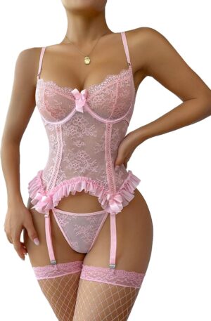 WDIRARA Women's Sexy Lingerie Set Floral Lace Garter Bustier Lingerie Set with 1Pair Fishnet Stocking