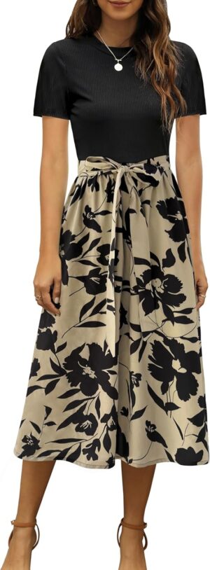 Zattcas Women 2025 Summer Dress Short Sleeve Ribbed Teacher Church Modest Business Casual Work Outfits Midi Dress