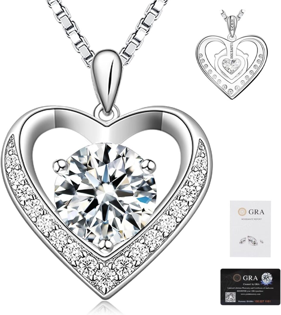 Moissanite Heart Pendant Necklace Women, 925 Sterling Silver D Color VVS1 Diamond Chain Necklaces Love Jewelry Gifts for Anniversary Wedding Birthday to Womens Mom Wife Girlfriend Daughter Her