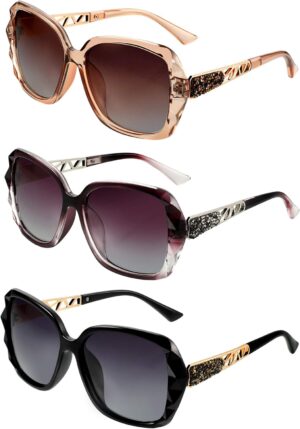 Frienda 3 Pieces Women Polarized Oversized Sunglasses Shiny Composite Frame Sunglasses Vintage Rhinestone Glasses