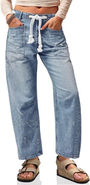 Cicy Bell Womens Baggy Barrel Horseshoe Jeans Wide Leg Drawstring Vintage Denim Pants with Front Pockets