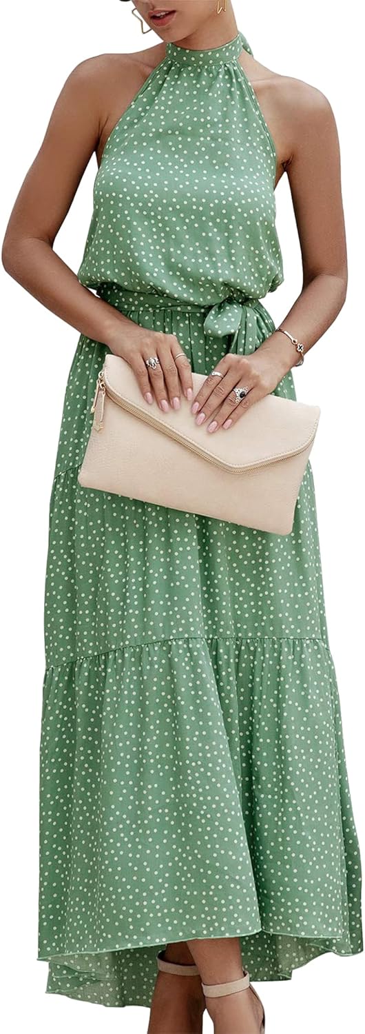 PRETTYGARDEN Women’s Halter Neck Floral Long Maxi Dress Casual Sleeveless Backless Dresses Loose Ruffle Sundress with Belt