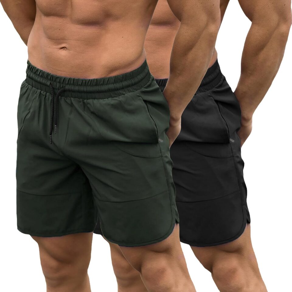 TEZO Mens 2 Pack Gym Athletic Running Workout Shorts 7" Drawstring Elastic Waist Quick Dry Shorts with Zipper Pockets Casual